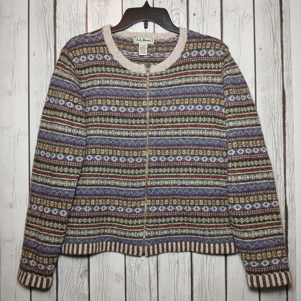 L.L. Bean Women's Striped Cardigan - Blue, Brown, Cream